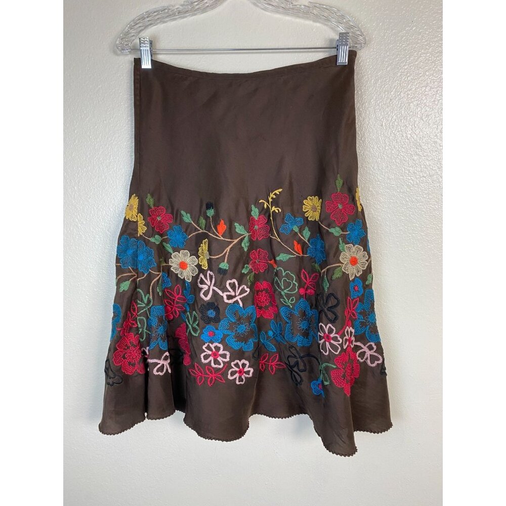 Johnny Was Silk Brown Floral Embroidered Midi Skirt Size 6 Boho Cottage Artsy